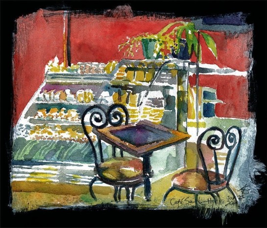 001-JAN2019-Cafe-Saint-Henri-on-Watercolour-Ground-9x7-sml-1