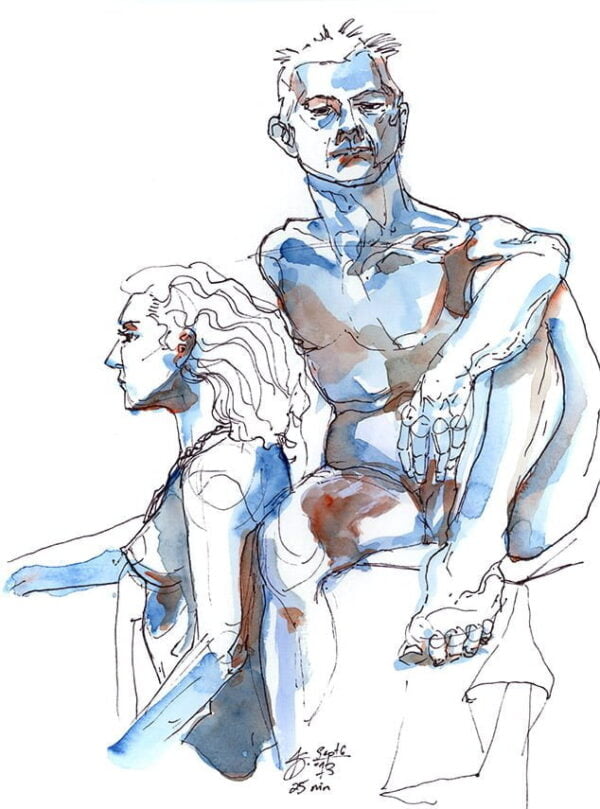 blue figure drawing watercolor