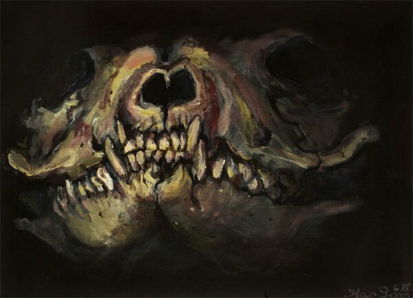 fox skull study acrylic painting