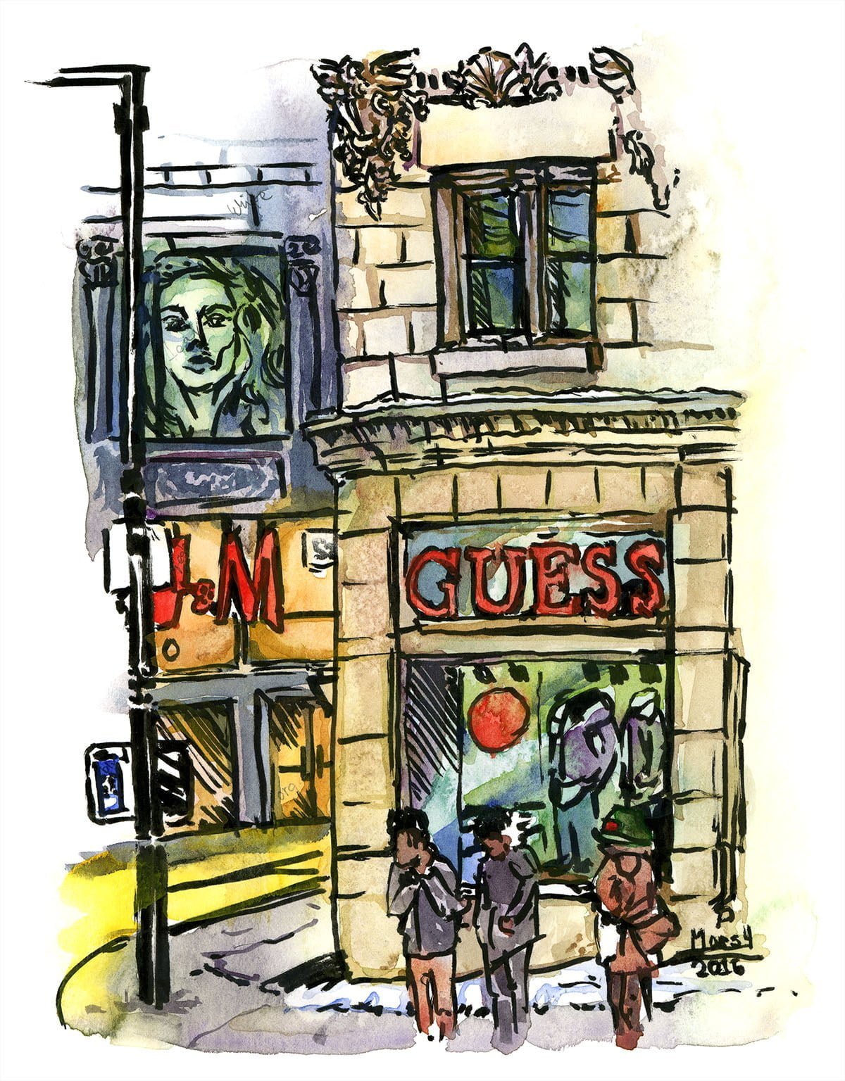 guess downtown montreal watercolor drawing