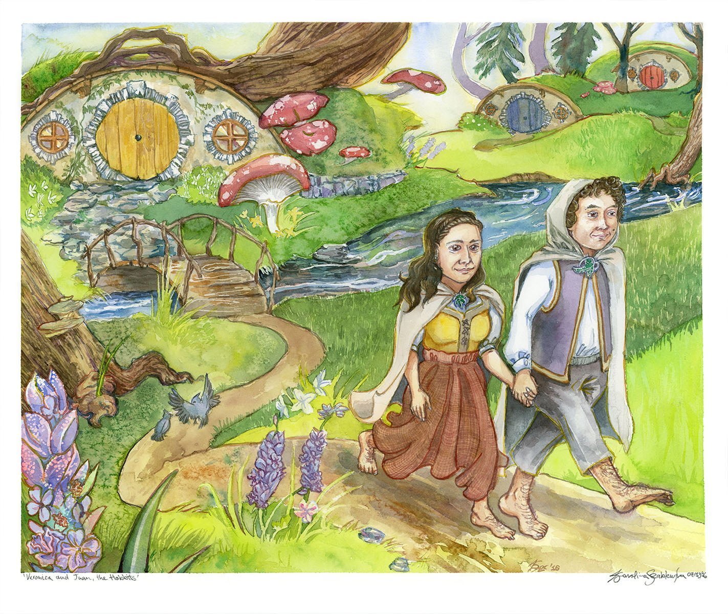 hobbits walking through the wood from hobbit house watercolor painting