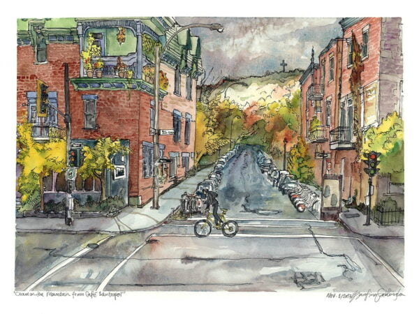 cloudy rainy day cafe santropol montreal watercolor painting