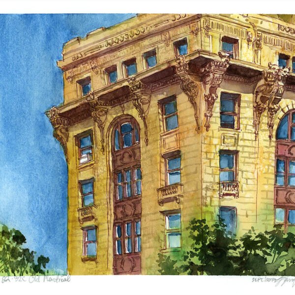 yellow glowing old building in old montreal watercolor painting