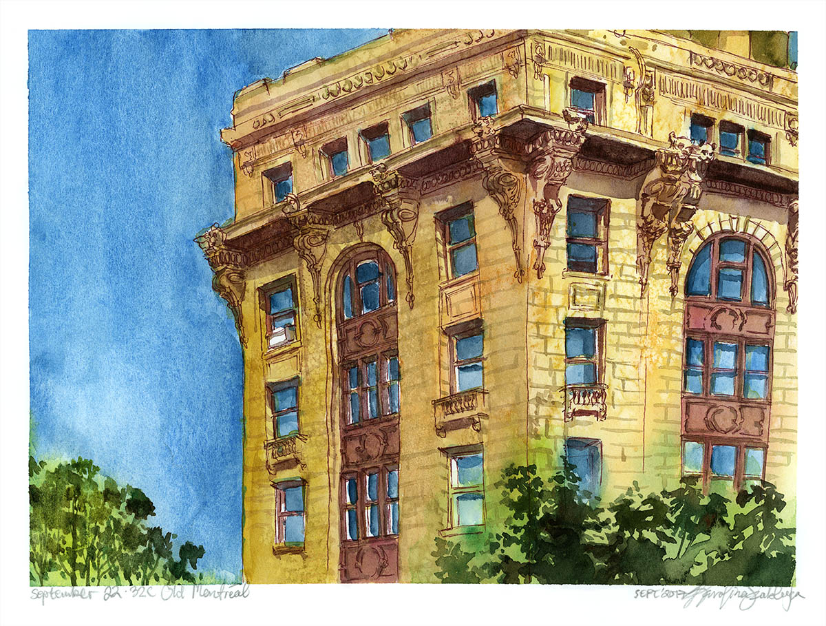 yellow glowing old building in old montreal watercolor painting