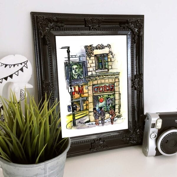 Montreal City Art - Extra Large Wall Art Prints of Guess on Rue Saint Catherine in Watercolor and Ink by Karolina Szablewska