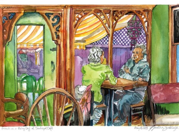 friends on a rainy day at santropol cafe watercolor painting