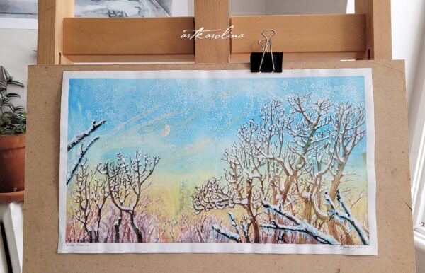 Mixed Media Original Art - Moon Painting / Winter Sunset Painting /Winter Skyscape / Cloud Painting by Karolina Szablewska