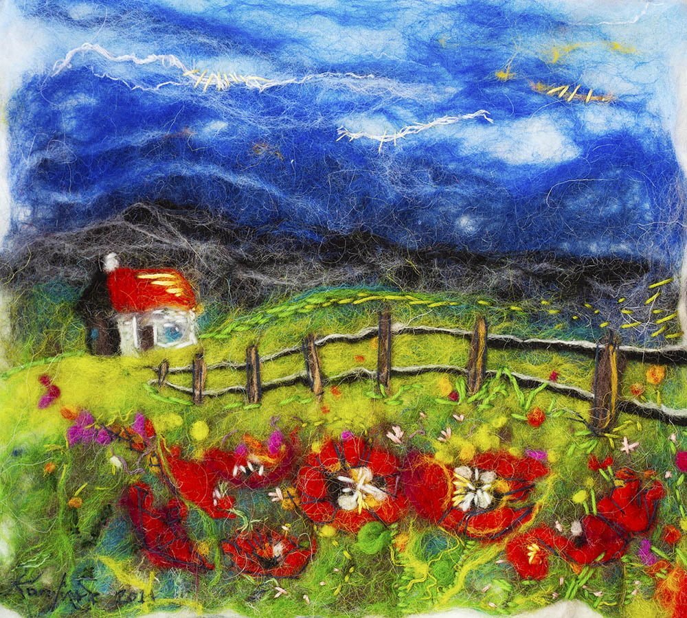 wet felting painting of poppy field