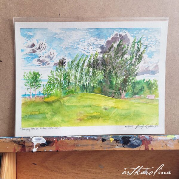 Watercolor Painting Original Art - Landscape Painting / En Plein Air Painting of Saint Lawrence River / Green Tree Painting by Karolina Szablewska