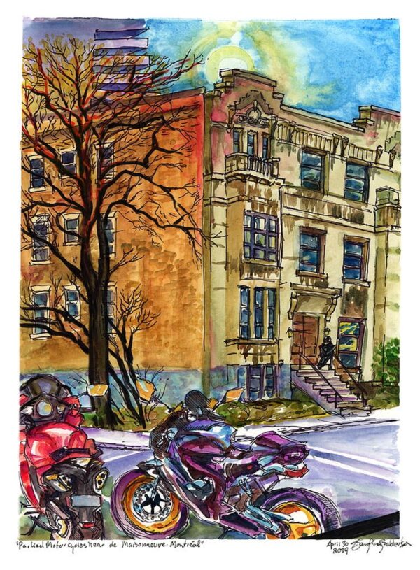 parked motorcycles montreal watercolor painting urban sketch by karolina szablewska