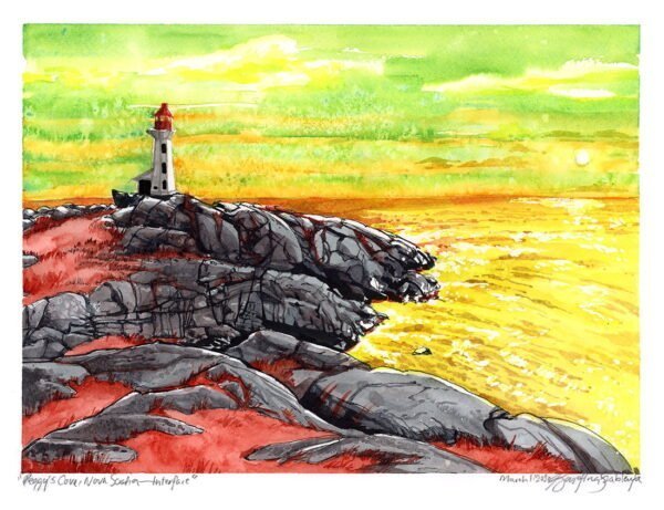 Original Art - Peggy's Cove, Nova Scotia, Canadian Landscape Painting / Ocean Art / Lighthouse Art / Surrealism by Karolina Szablewska