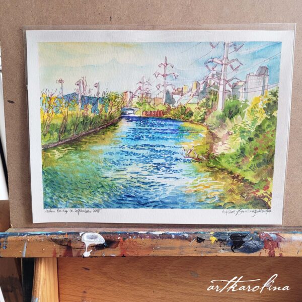 Watercolor Painting Original Art of Verdun River - Neighborhood Painting / Green Industrial Art / Montreal Art / Sunset Painting by Karolina Szablewska