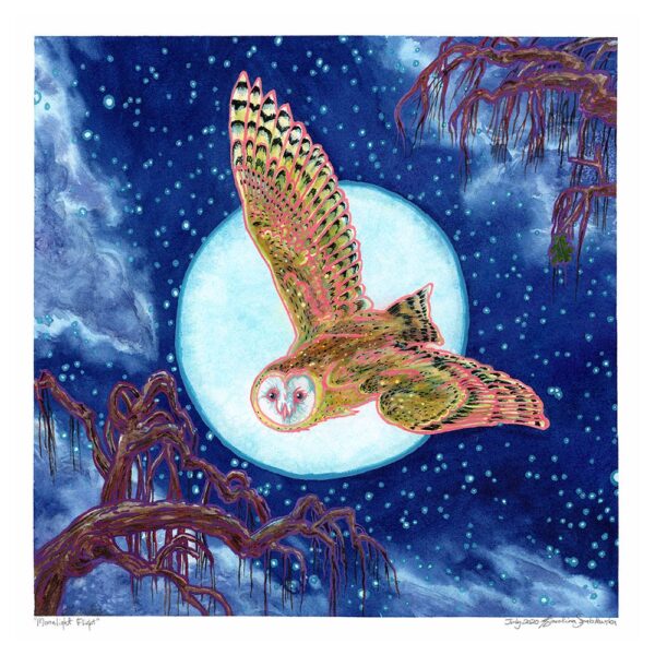 owl flying past moon in starry night sky painting by karolin szablewska