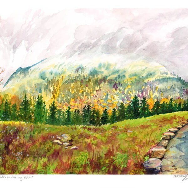 scotora trail foggy mountain watercolor painting by karolina szablewska