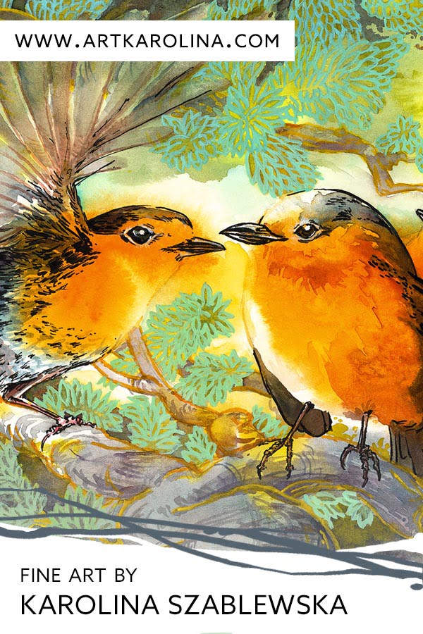 3 Red Robins Art Print - Whimsical Large Wall Art / Bird Print for Animal Nursery Decor / Square Watercolor Painting by Karolina Szablewska