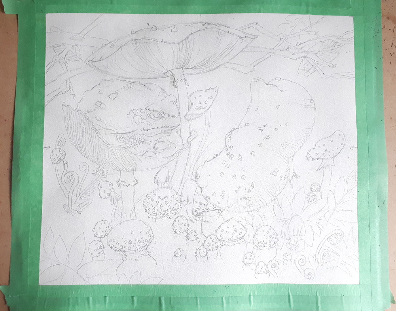 Work in Progress - Toads on Toad Stools watercolor painting by Karolina Szablewska
