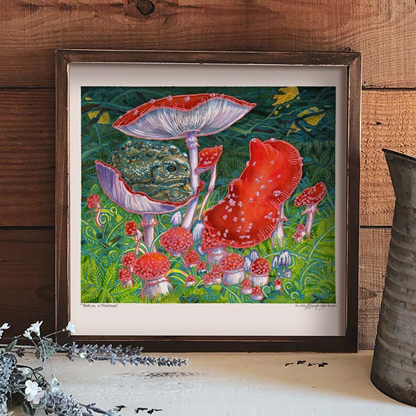 Toads on a Toadstool Art Print - Whimsical Wall Art of Boreal Forest / Mushroom Art / Frog Art / Animal Decor / Amphibians