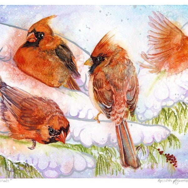 red cardinals watercolor painting by karolina szablewska