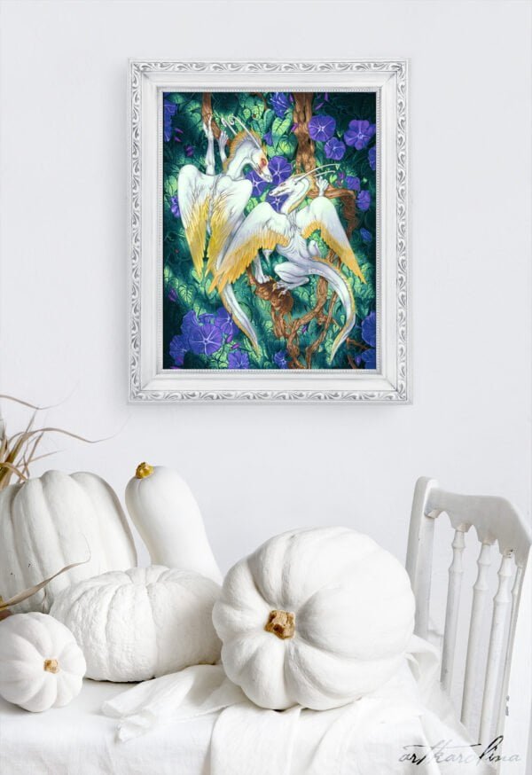 White Angel Dragon Art Prints - Extra Large Wall Art of Watercolor Dragon Painting / Fantasy Decor Art / Dragon Decor by Karolina Szablewska