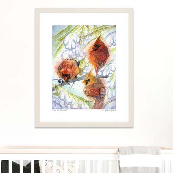 Cardinal Art Prints - Extra Large Wall Art of 3 Red Cardinals in the Winter Snow / Farmhouse Decor Art / Whimsical Animal Wall Art / Birding / Bird Watching / Canadian Wildlife by Karolina Szablewska