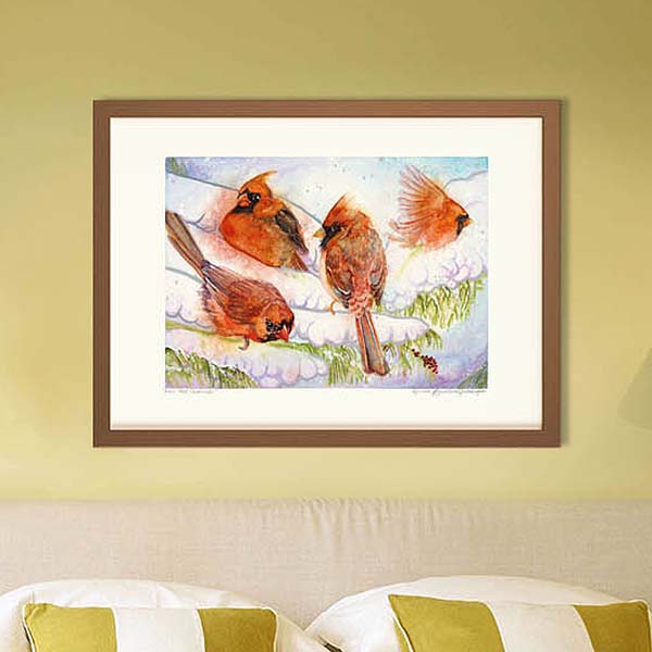 Cardinal Art Prints - Extra Large Wall Art of 4 Red Cardinals in the Winter Snow / Farmhouse Decor Art / Whimsical Animal Wall Art / Birding / Bird Watching / Canadian Wildlife