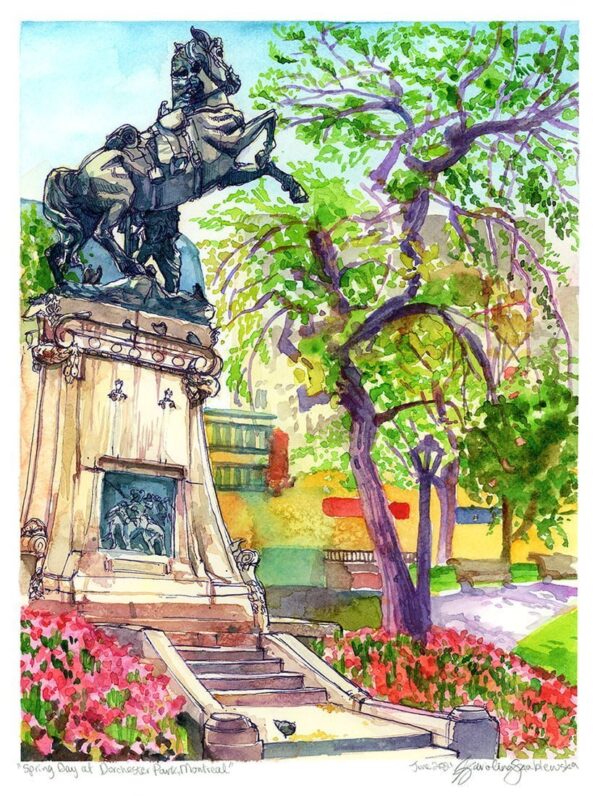 statue dorchester park montreal watercolor painting by karolina szablewska