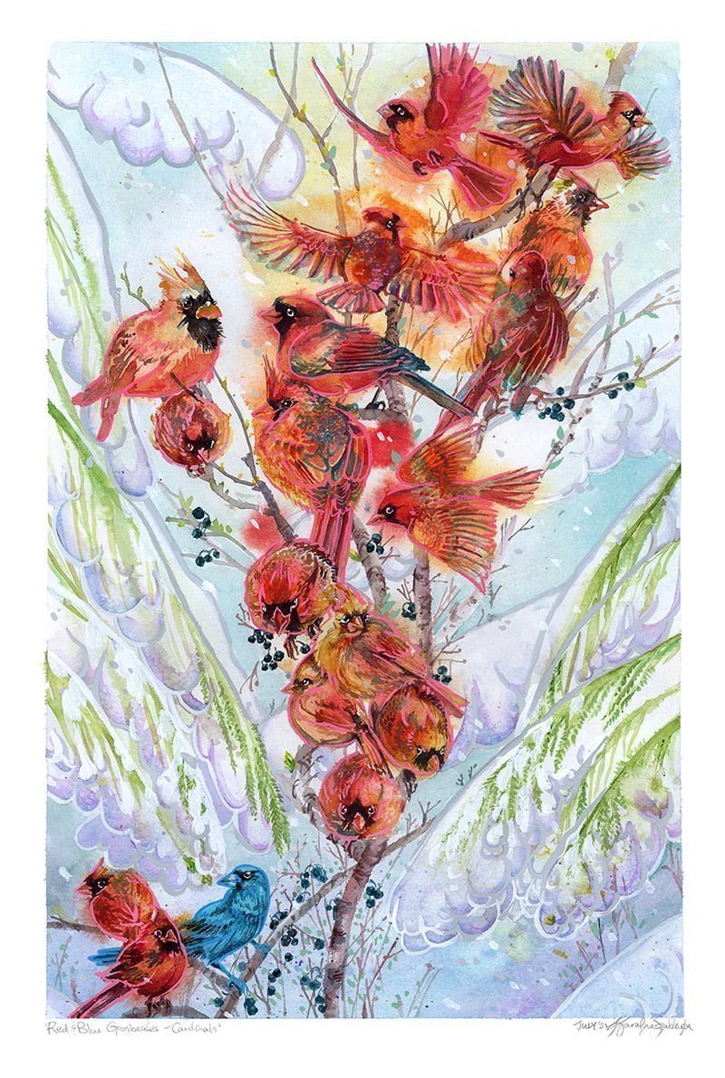 Red and Blue Grosbeaks Cardinals watercolor painting by karolina szablewska