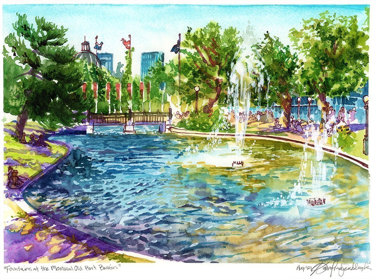 Fountains at the Montreal Old Port Bassin watercolor painting by karolina szablewska