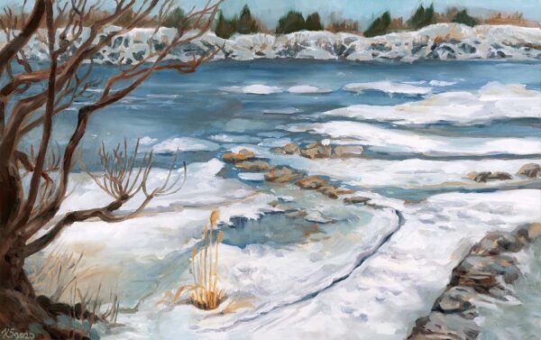 Plein Air Oil Sketch of Melting Ice Flows on Saint Lawrence River watercolor painting by karolina szablewska
