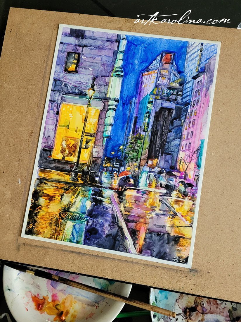 Watercolor Painting Original Art of Downtown Montreal in Rain Painted on Yupo / Travel Art / Quebec, Canada