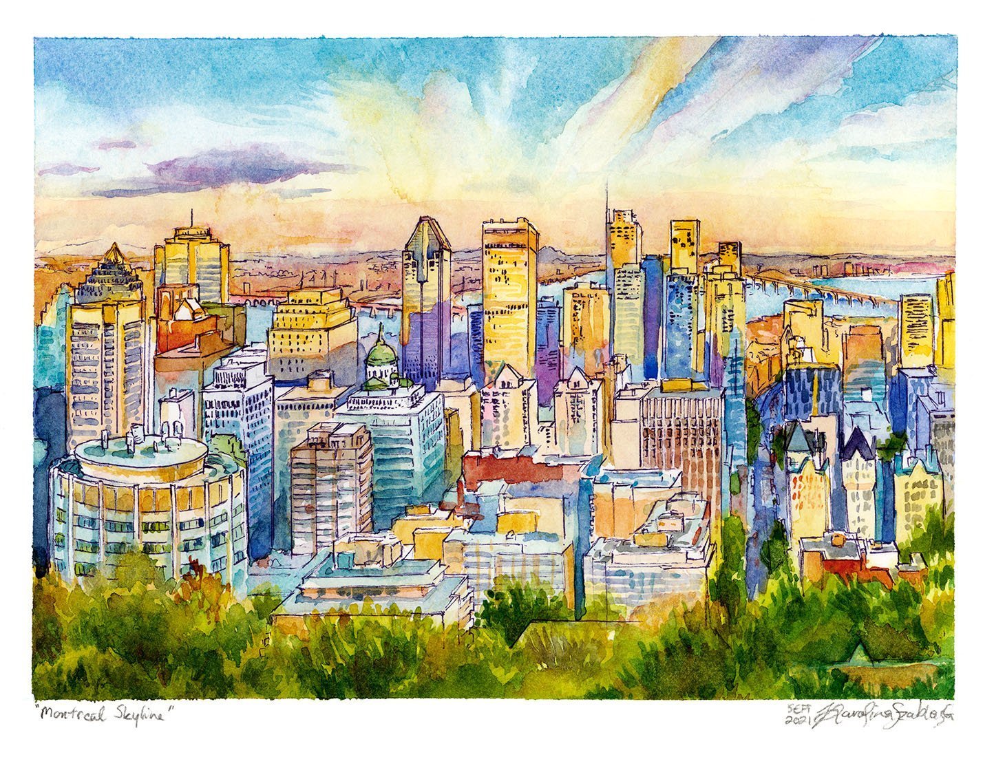 Montreal Skyline watercolor painting by Karolina Szablewska