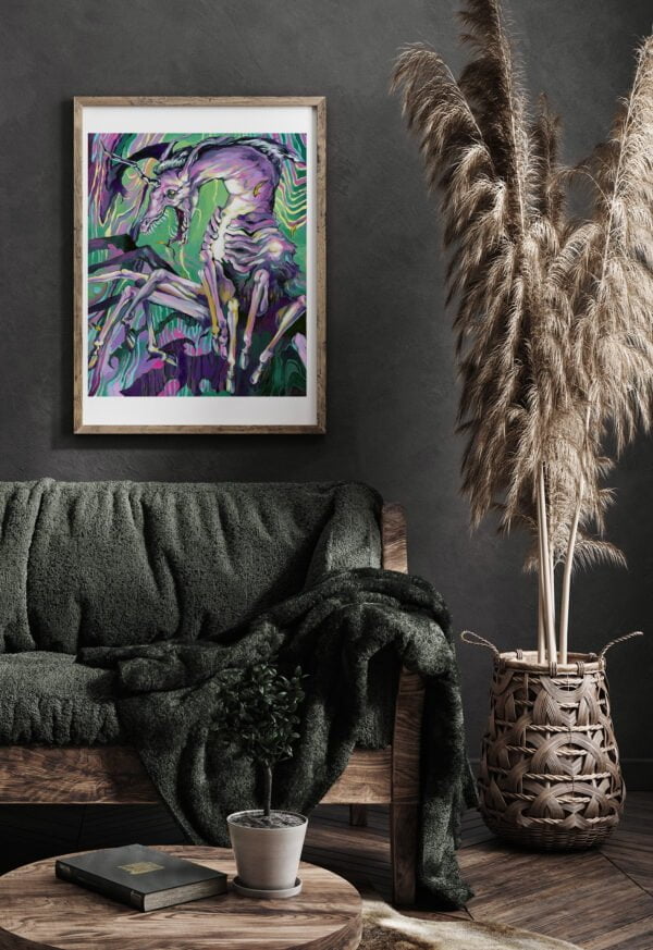 Horror Print - Macabre Wall Art of Psychedelic Demon Unicorn / Nightmare Dark Horse in Hot Pink, Teal, Green by Karolina Szablewska