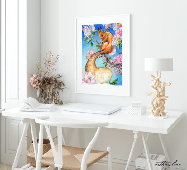 Squirrel Art Print - Extra Large Wall Art of Red Euroasian Squirrel with Apple Blossoms by Karolina Szablewska