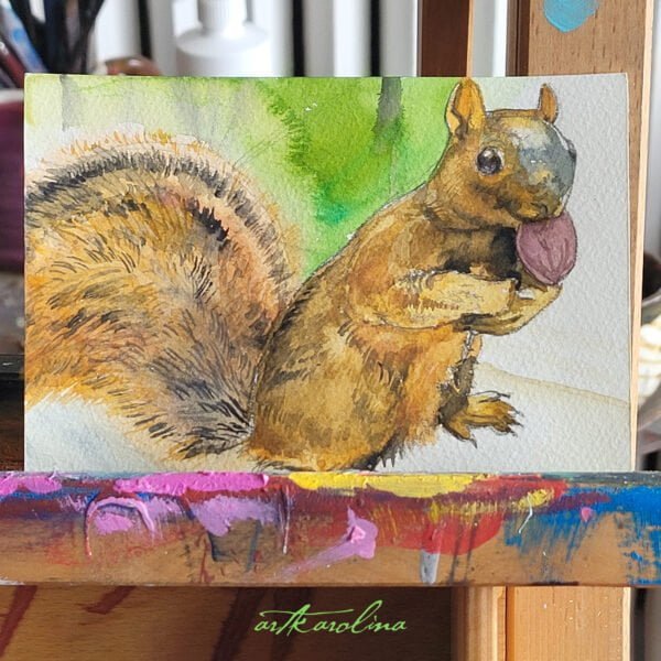 Watercolor Painting Original Art - 6"x4" Squirrel Sketches / Northern Animals / Wildlife Art by Karolina Szablewska