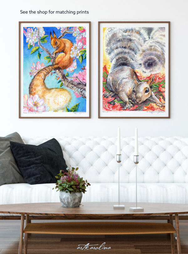 Squirrel Art Print - Extra Large Wall Art of Red Euroasian Squirrel with Apple Blossoms by Karolina Szablewska
