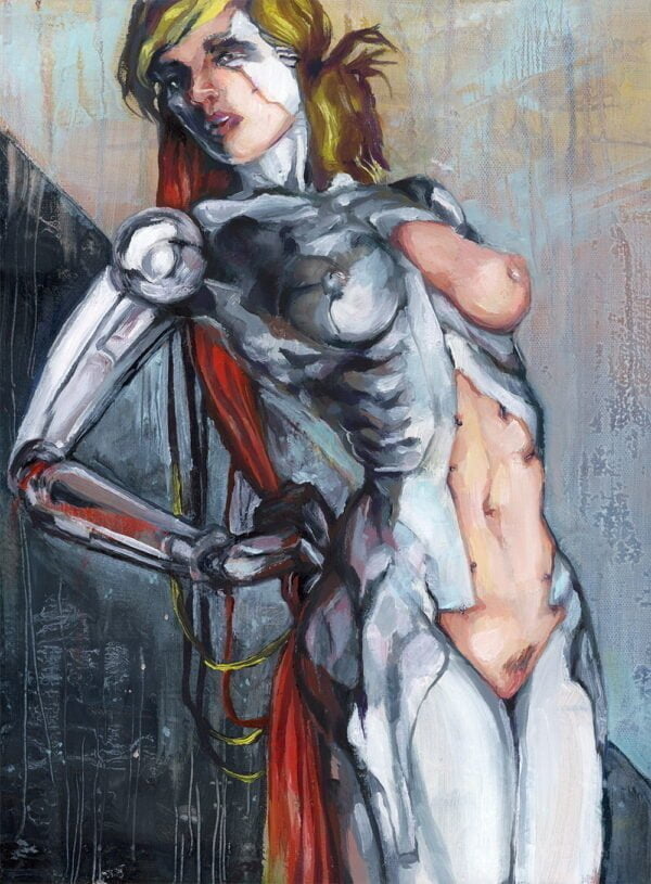 Cyborg Art Prints - Cyborg and Drape Oil Painting / Female Robot Art / Cyborg Wall Art / Transhumanism by Karolina Szablewska