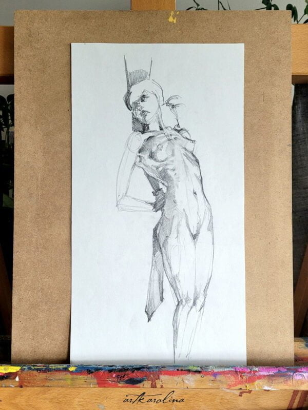 Original Art Figure Drawing in Pencil - Slender Woman and Drape by Karolina Szablewska