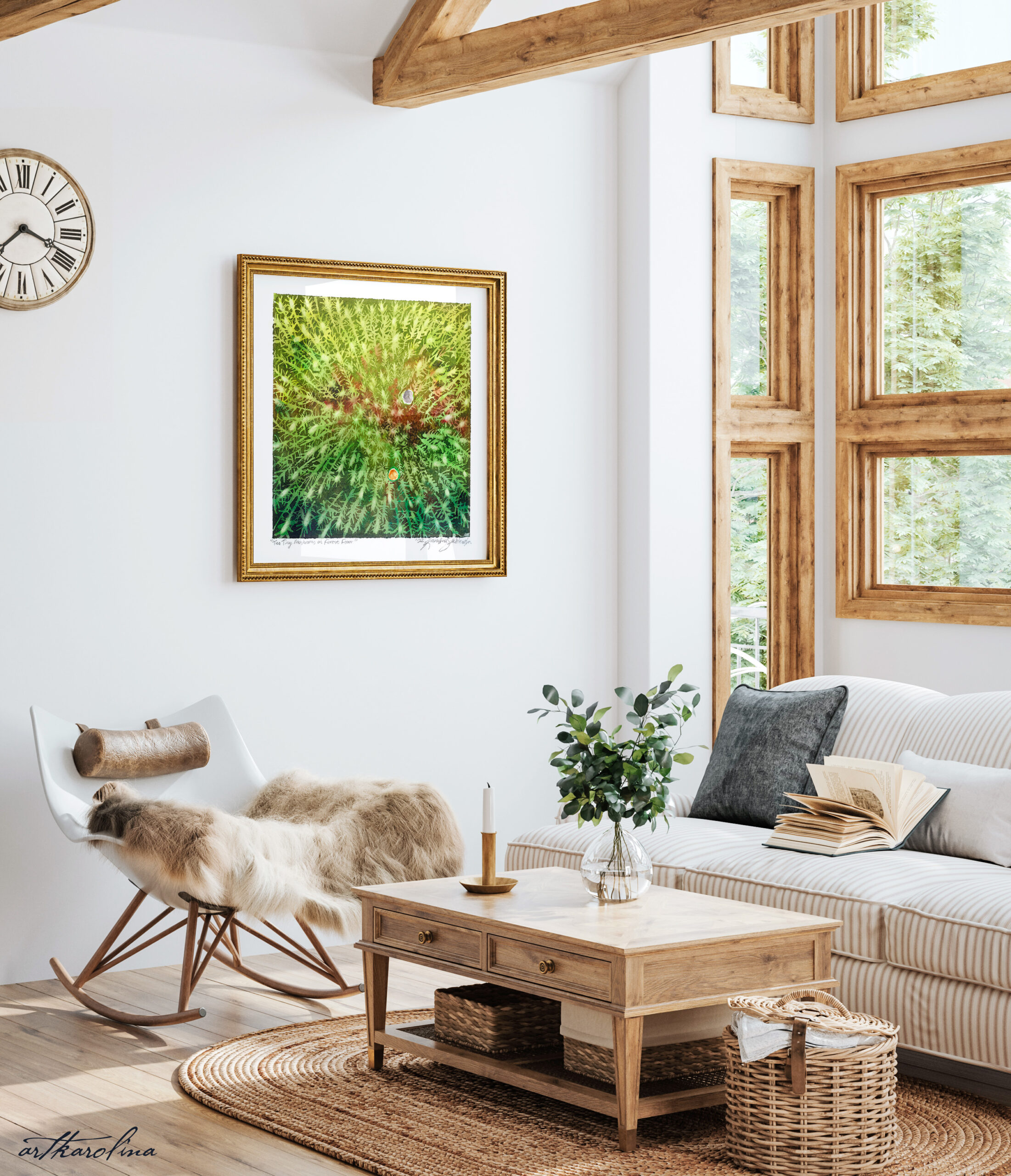 Abstract Forest Art Print - Square Extra Large Wall Art of Moss and Tiny Mushroom on Boreal Forest Floor Watercolor Painting / Micro Landscape Art - Image 3