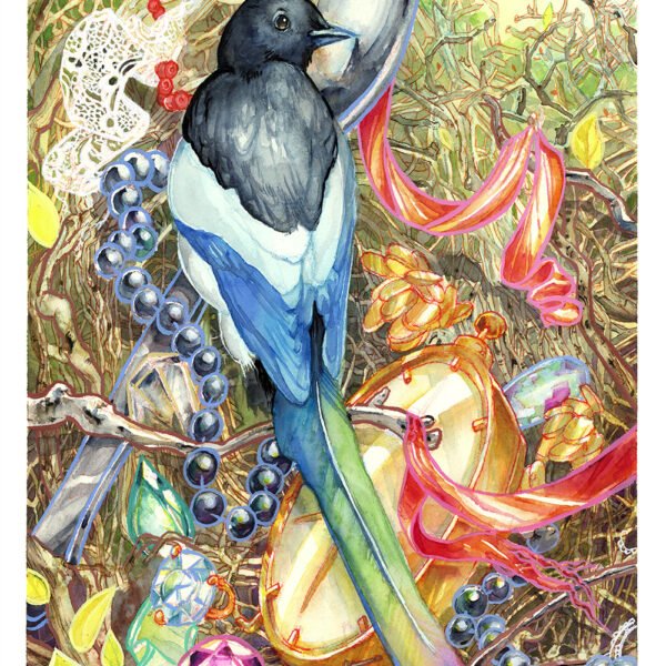 black-billed magpie nest with gemstones and crystal watercolor painting by karolina szablewska 2023