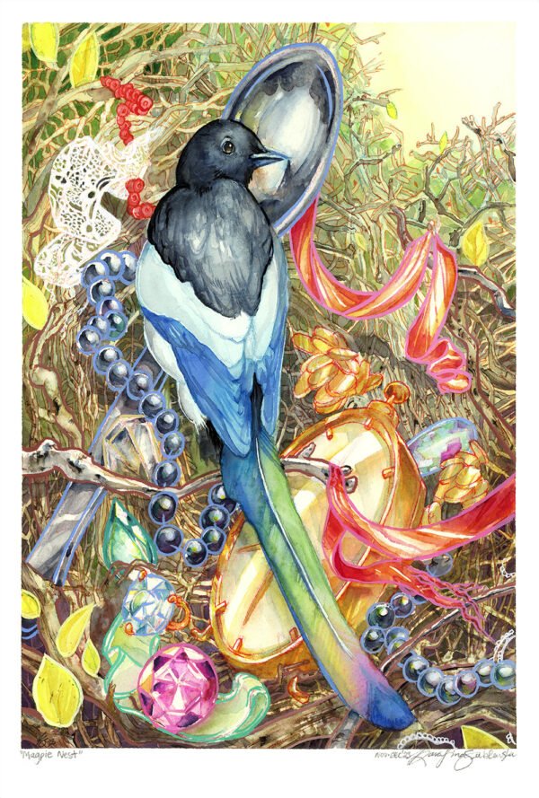 black-billed magpie nest with gemstones and crystal watercolor painting by karolina szablewska 2023